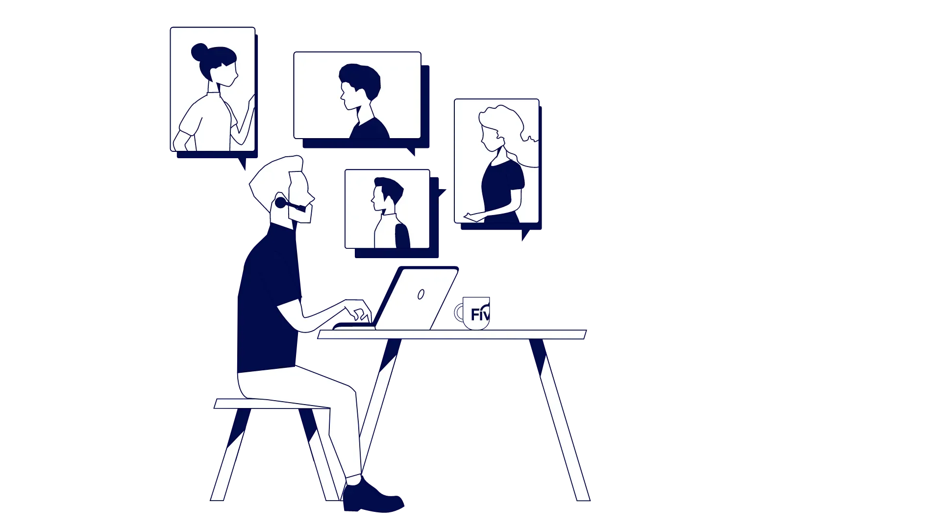 A blue and white graphic of a man in a headset sitting at a laptop